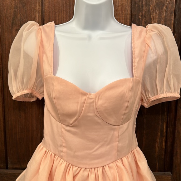 Solid Puff Sleeve Layered Ruffle Hem Dress - Size Small - Picture 3 of 10